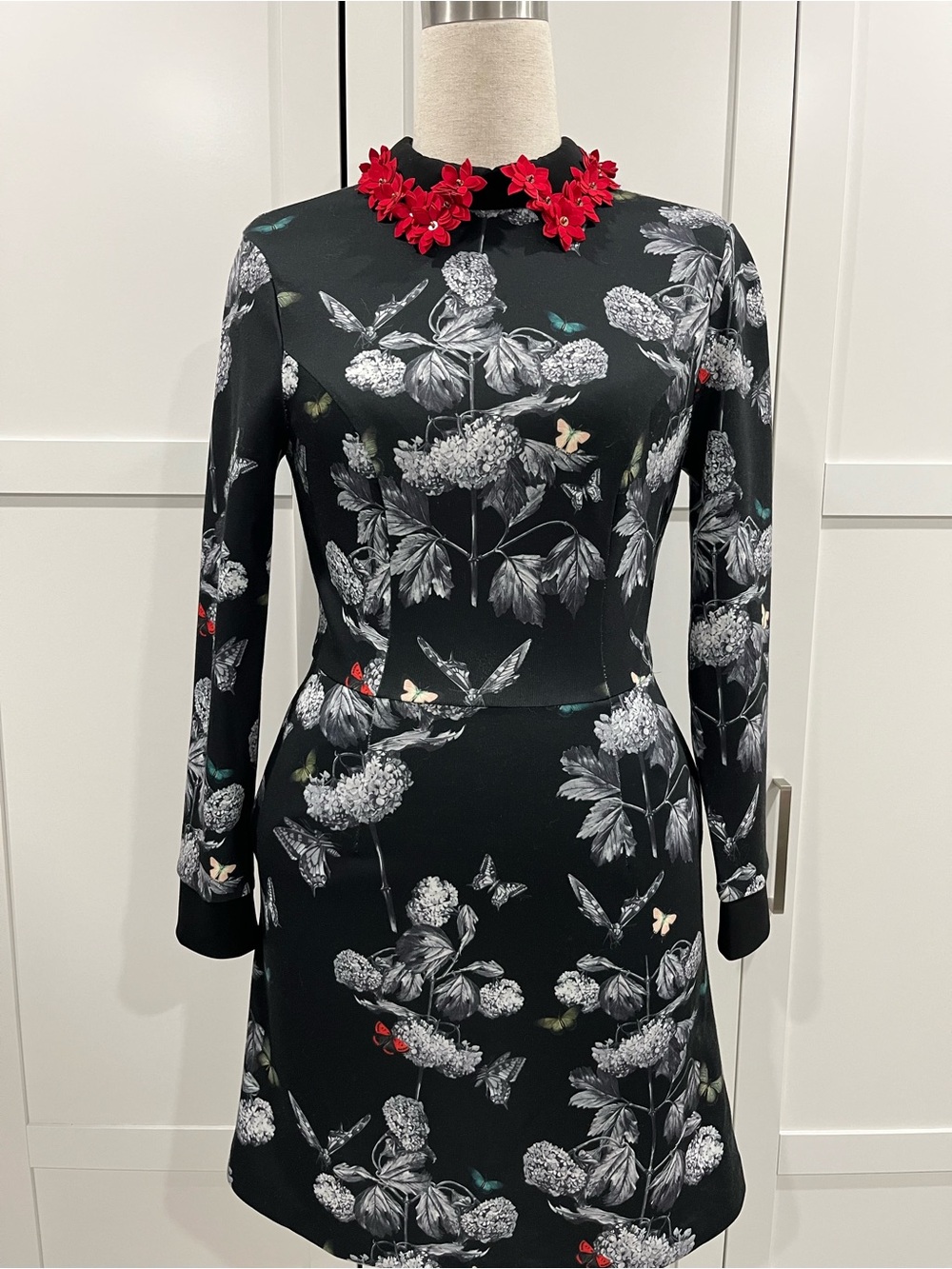Ted Baker Black Floral Long-Sleeve Dress with Red Appliqué Collar